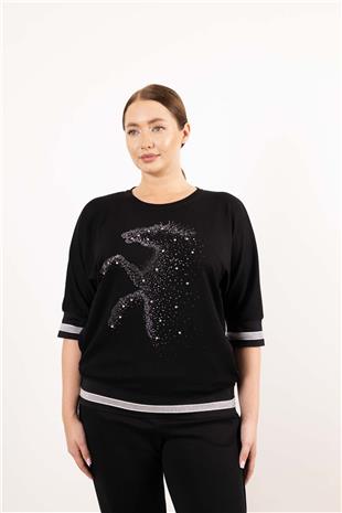 Bisiklet Yaka Detaylı Taş At Baskılı Kısa Kollu Bluz