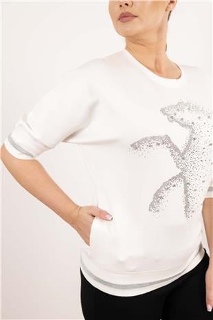 Bisiklet Yaka Detaylı Taş At Baskılı Kısa Kollu Bluz