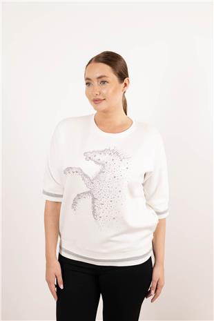 Bisiklet Yaka Detaylı Taş At Baskılı Kısa Kollu Bluz