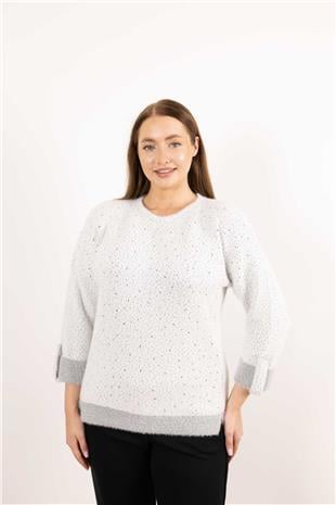 Bisiklet Yaka Detaylı Taş Baskılı Kolları Düğmeli Kazak