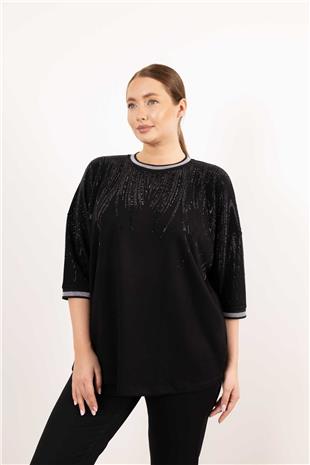 Bisiklet Yaka Detaylı Taş Baskılı Kolları Taşlı Bluz