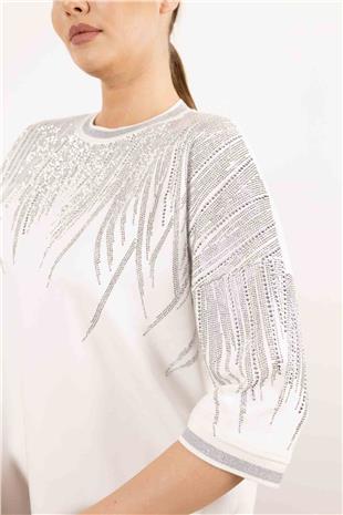 Bisiklet Yaka Detaylı Taş Baskılı Kolları Taşlı Bluz