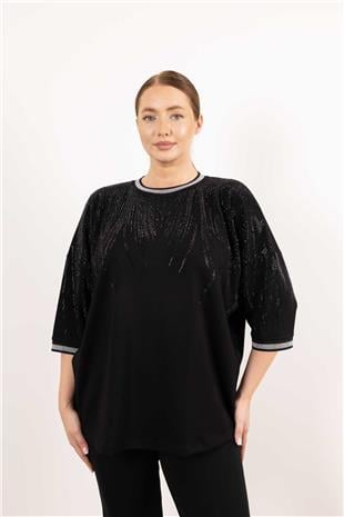 Bisiklet Yaka Detaylı Taş Baskılı Kolları Taşlı Bluz