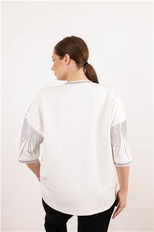 Bisiklet Yaka Detaylı Taş Baskılı Kolları Taşlı Bluz