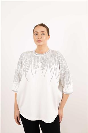 Bisiklet Yaka Detaylı Taş Baskılı Kolları Taşlı Bluz