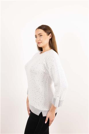 Bisiklet Yaka Detaylı Taş Baskılı Kolları Düğmeli Kazak