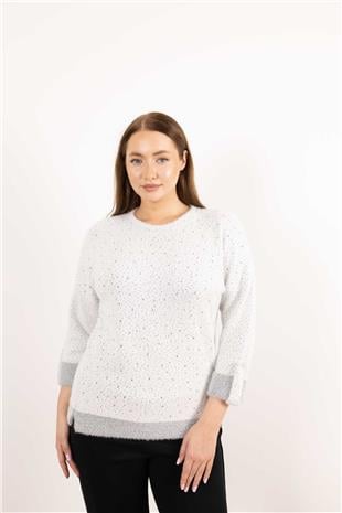 Bisiklet Yaka Detaylı Taş Baskılı Kolları Düğmeli Kazak