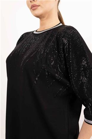 Bisiklet Yaka Detaylı Taş Baskılı Kolları Taşlı Bluz