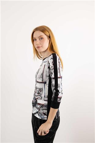 Bisiklet Yaka Detaylı Taş Baskılı Vazo Desenli Bluz