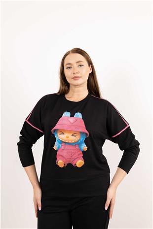 Bisiklet Yaka Detaylı Taş Ve Bebek Fiğür Baskılı Bluz