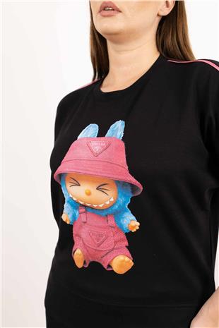 Bisiklet Yaka Detaylı Taş Ve Bebek Fiğür Baskılı Bluz