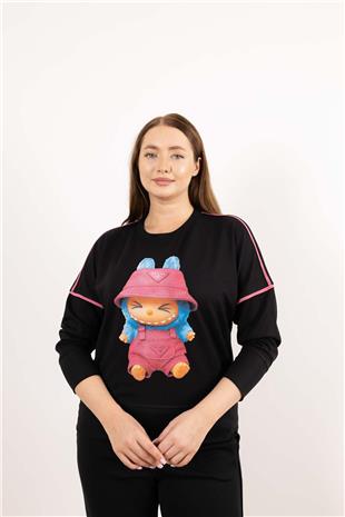 Bisiklet Yaka Detaylı Taş Ve Bebek Fiğür Baskılı Bluz