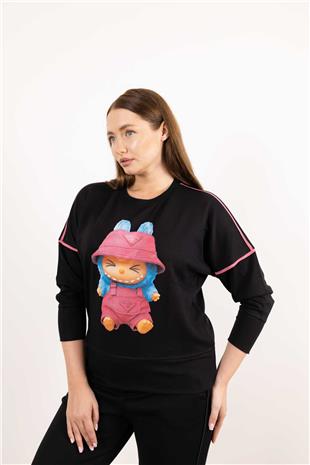 Bisiklet Yaka Detaylı Taş Ve Bebek Fiğür Baskılı Bluz