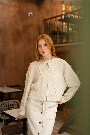 Boncuk İşleme Detay Triko Ceket