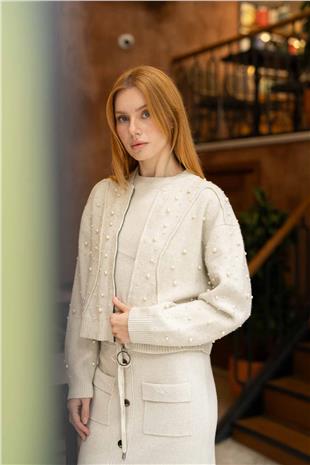 Boncuk İşleme Detay Triko Ceket