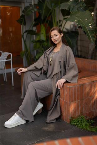Boyun Detay Tek Düğmeli Cepli Kadın Kaftan