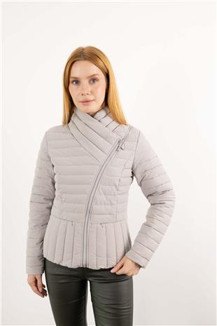 Çapraz Fermuar Detaylı Çubuk Desenli Şişme Mont