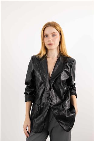 Cep Detaylı Uzun Kollu Deri Ceket