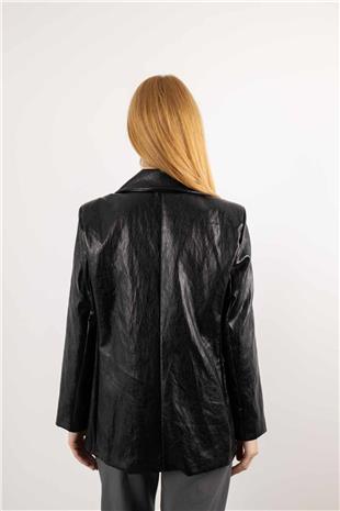 Cep Detaylı Uzun Kollu Deri Ceket