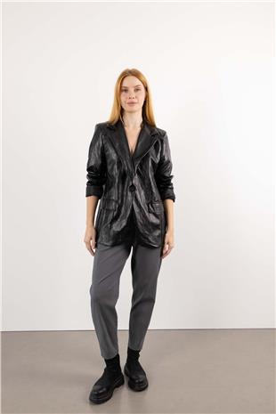 Cep Detaylı Uzun Kollu Deri Ceket