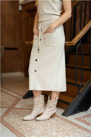 Cep Düğme Detay Triko Etek