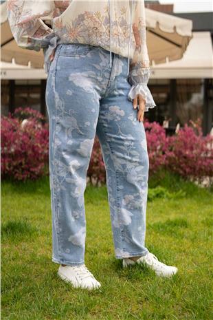 Çiçek Baskı Detaylı Kadın Kot Pantolon