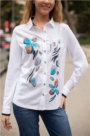 Çiçek Baskılı Taş İşleme Gömlek