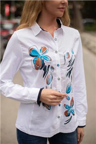 Çiçek Baskılı Taş İşleme Gömlek