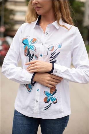 Çiçek Baskılı Taş İşleme Gömlek