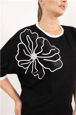 Çiçek Desen Taş Baskı Tişört