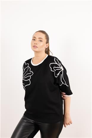 Çiçek Desen Taş Baskı Tişört