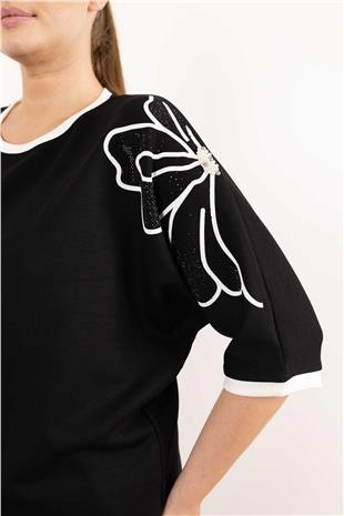 Çiçek Desen Taş Baskı Tişört