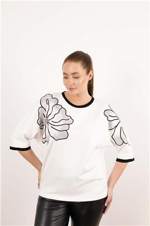 Çiçek Desen Taş Baskı Tişört