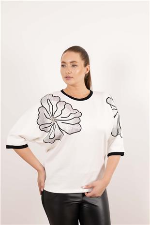 Çiçek Desen Taş Baskı Tişört