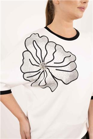 Çiçek Desen Taş Baskı Tişört