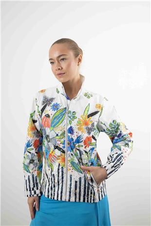 Çiçek Desenli Cep Fermuar Detay Ceket