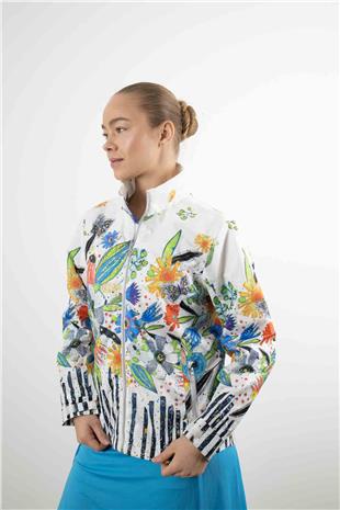 Çiçek Desenli Cep Fermuar Detay Ceket