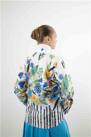 Çiçek Desenli Cep Fermuar Detay Ceket