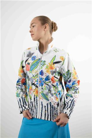 Çiçek Desenli Cep Fermuar Detay Ceket