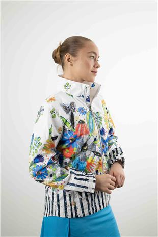 Çiçek Desenli Cep Fermuar Detay Ceket