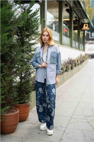 Çiçek Desenli Kot Pantolon