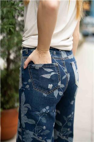 Çiçek Desenli Kot Pantolon