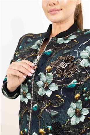 Çiçek Desenli Ve Taş Baskılı Ceket Pantolon Takım