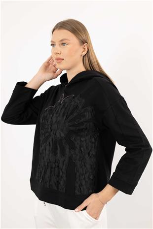 Çiçek Gofre Aplikeli Taşlı Kapüşonlu Bluz