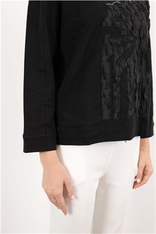 Çiçek Gofre Aplikeli Taşlı Kapüşonlu Bluz