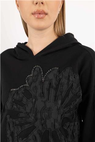 Çiçek Gofre Aplikeli Taşlı Kapüşonlu Bluz