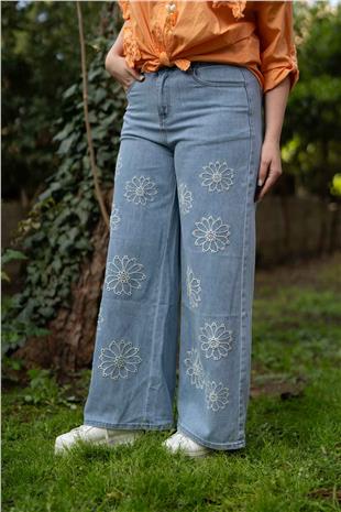 Çiçek İşlemeli Kadın Pantolon Bdk