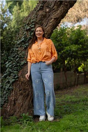 Çiçek İşlemeli Kadın Pantolon Bdk