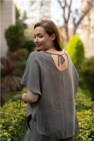 Çizgi Desen Boyun İp Detay Kadın Bluz