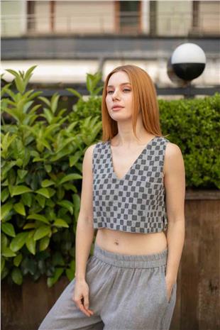 Dama Desenli Crop Bluz